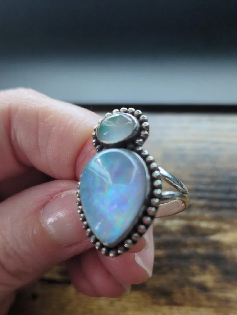 Opal Teardrop Double Stone Sterling-Style Ring in Iridescent Blue-Green